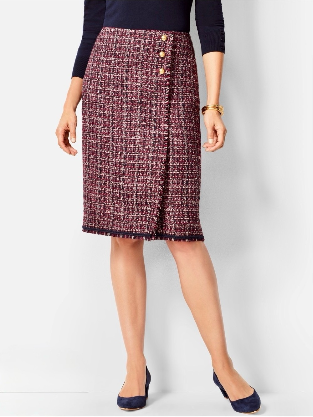 Talbots Burgundy Tweed Knee-Length Pencil Skirt with Gold Buttons Chanel Vibes